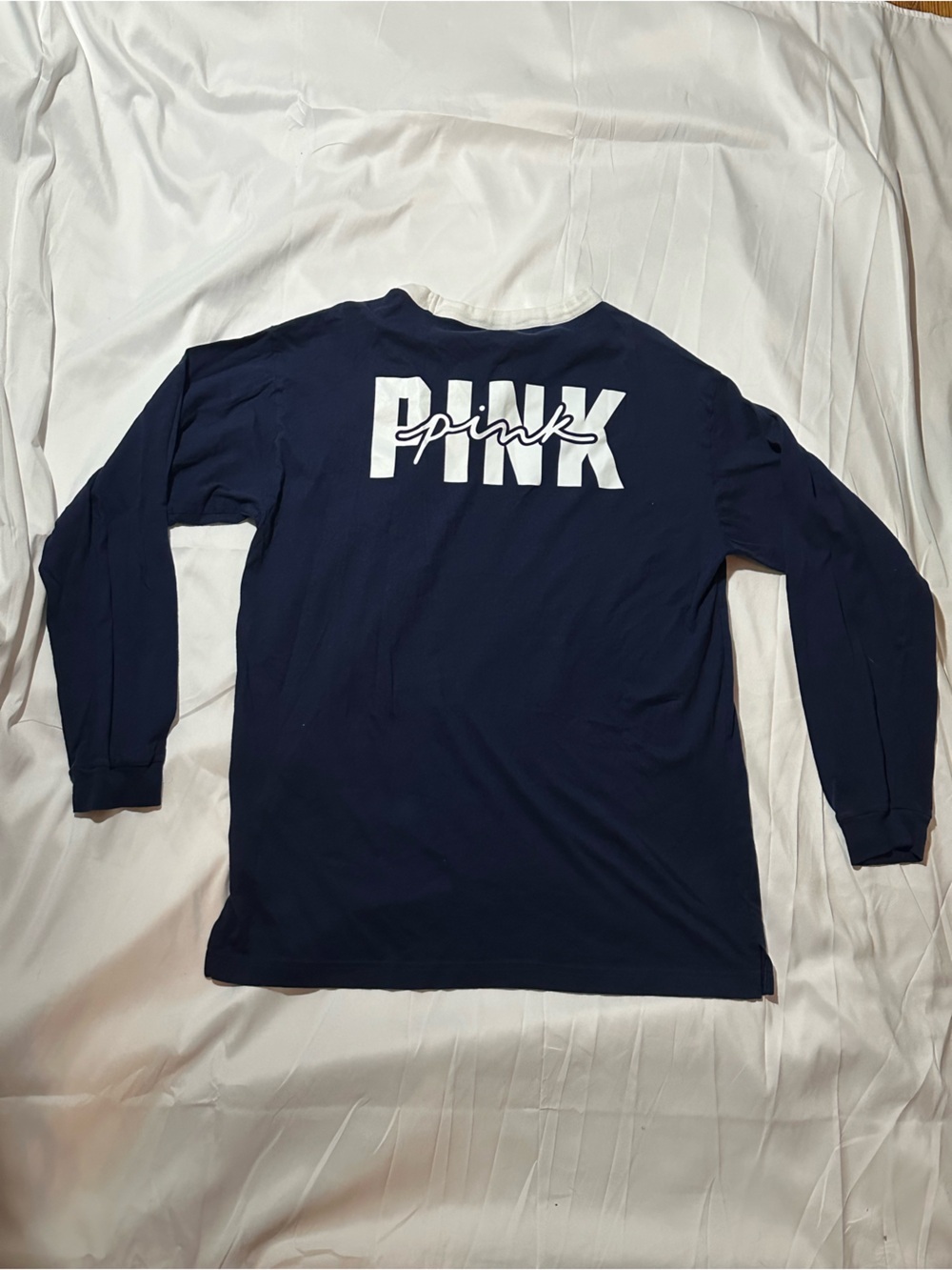 PINK Victoria's Secret Navy Long-Sleeve Ringer Tee with White Neck - Picture 3 of 4